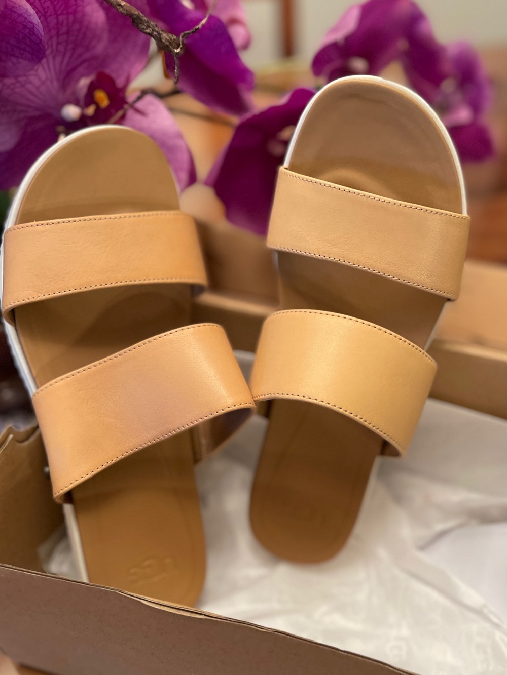 Women’s Double-Strap Slide Sandals in Tan